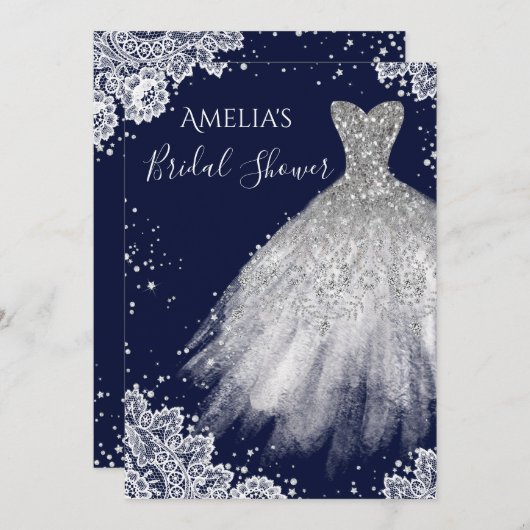 スパークルドレスホワイトレースネイビーブライダルシャワー 招待状 (正面/裏面)