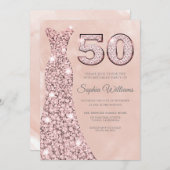 スパークルドレス、赤面水彩50誕生日 招待状 (正面/裏面)