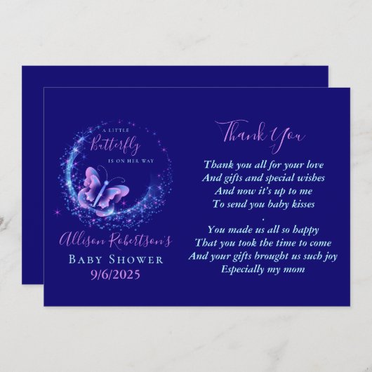 スパークルバタフライガールベビーシャワーサンキューカード 招待状 (正面/裏面)