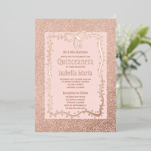 スパークルバラゴールドフォイルキンセアニラ招待状ピンク 箔シーズンカード (立ち正面)