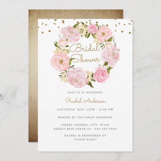 スパークルバラリースピンク金ゴールドブライダルシャワー 招待状 (正面/裏面)