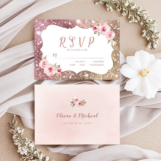 スパークルバラ金ゴールドグリッターとフローラ結婚式RSVP 出欠カード