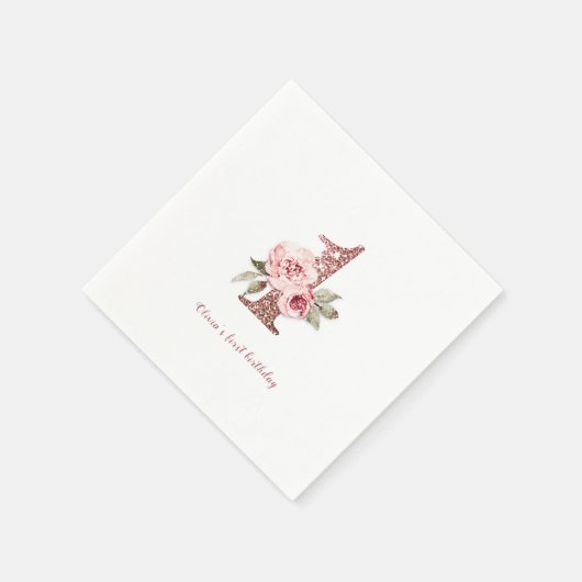 スパークルバラ金ゴールドグリッターとフローラ1歳の誕生日 スタンダードカクテルナプキン (角)