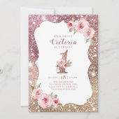 スパークルバラ金ゴールドグリッターとフローラ1歳の誕生日 招待状 (正面)