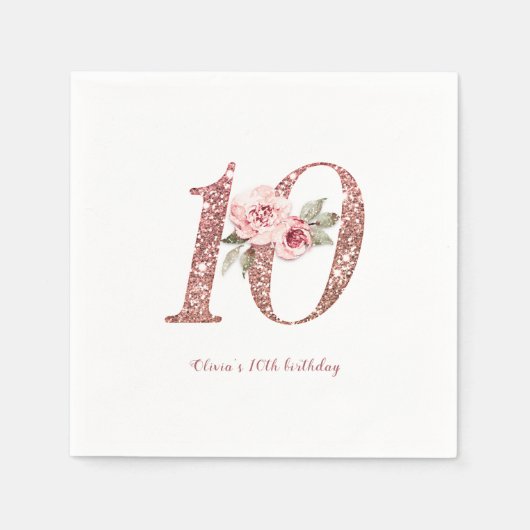 スパークルバラ金ゴールドグリッターとフローラ10歳 スタンダードカクテルナプキン (正面)