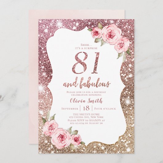 スパークルバラ金ゴールドグリッターとフローラ81歳の誕生日 招待状 (正面/裏面)