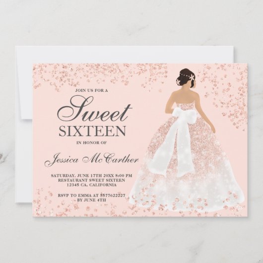 スパークルバラ金ゴールドグリッターガウンドレスシックスイート16 招待状 (正面)