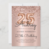 スパークルバラ金ゴールドグリッターバルーン25誕生日 招待状 (正面)
