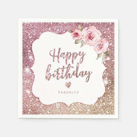 スパークルバラ金ゴールドグリッターフローラハッピーバースデー スタンダードカクテルナプキン (正面)