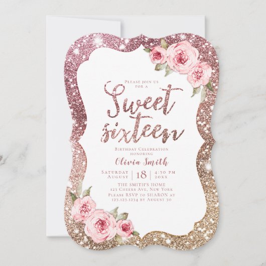 スパークルバラ金ゴールドグリッターフローラ甘い16誕生日 招待状 (正面)