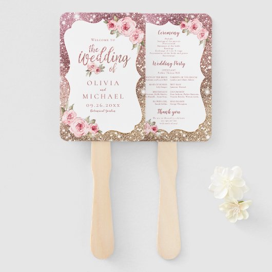 スパークルバラ金ゴールドグリッターフローラ結婚式プログラム ハンドファン (正面&裏面)