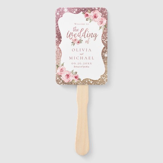 スパークルバラ金ゴールドグリッターフローラ結婚式プログラム ハンドファン (正面)