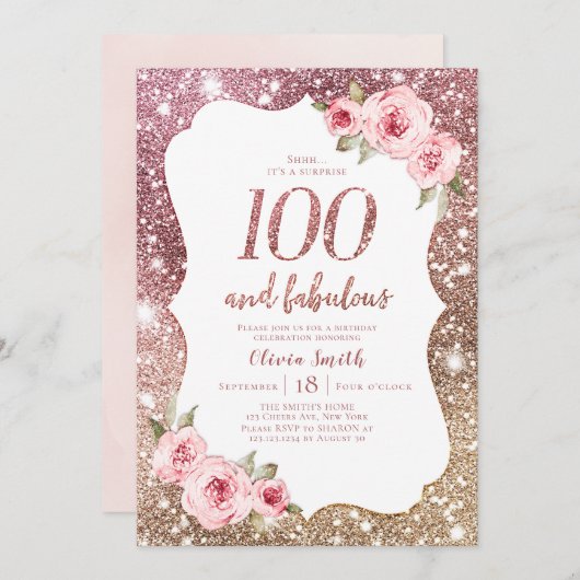 スパークルバラ金ゴールドグリッター&フローラ100歳の誕生日 招待状 (正面/裏面)