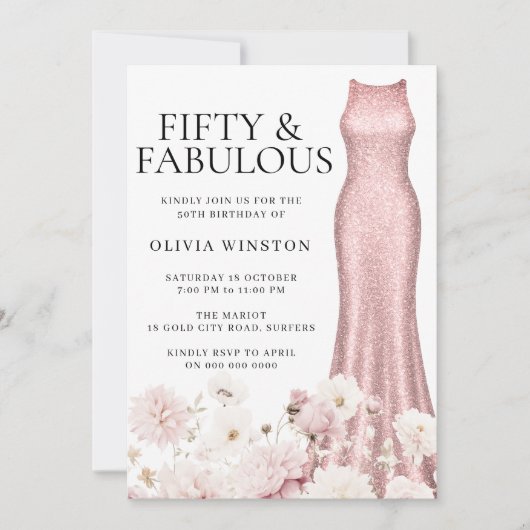 スパークルバラ金ゴールドドレス赤面フローラ50th誕生日 招待状 (正面)