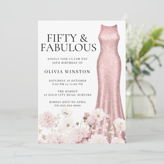 スパークルバラ金ゴールドドレス赤面フローラ50th誕生日 招待状 (スタンド正面)