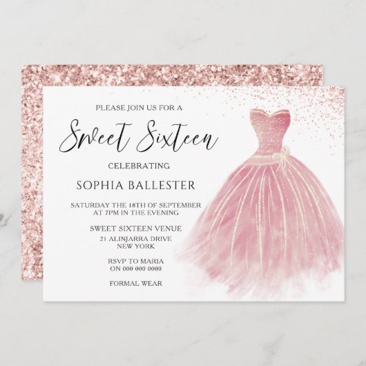 スパークルバラ金ゴールド赤面ガウンスウィート16パーティー 招待状 (正面/裏面)