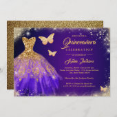 スパークルパープル金ゴールドドレスバタフライキンセアニェラ 招待状 (正面/裏面)