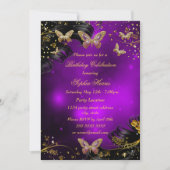 スパークルパープル金ゴールドブラックバタフライバースデーパーティー 招待状 (正面)