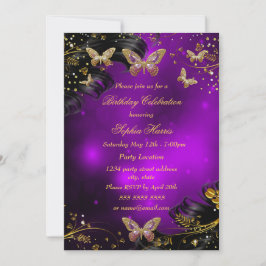 スパークルパープル金ゴールドブラックバタフライバースデーパーティー 招待状