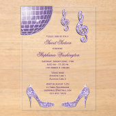 スパークルヒールとパープルディスコボールスウィート16 アクリル招待状 (正面)