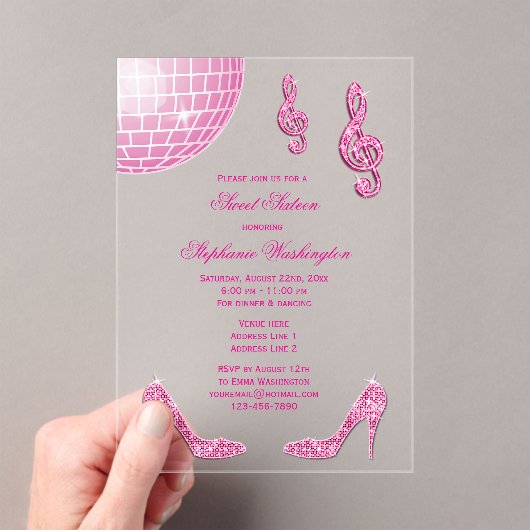 スパークルヒールとピンクディスコボールスウィート16 アクリル招待状 (インサイチュ (ポータブル))