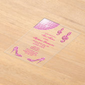 スパークルヒールとピンクディスコボールスウィート16 アクリル招待状 (レイダウン)