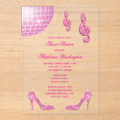 スパークルヒールとピンクディスコボールスウィート16 アクリル招待状 (正面)