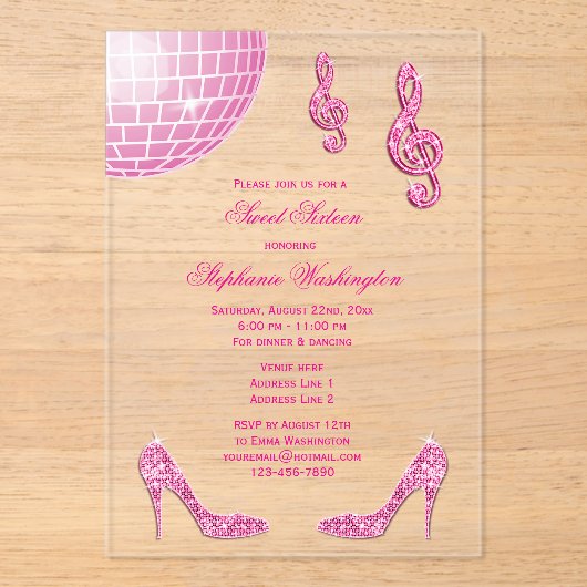 スパークルヒールとピンクディスコボールスウィート16 アクリル招待状 (正面)