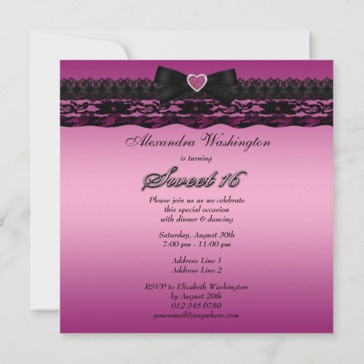 スパークルヒールとブラックレースピンクスイート16 招待状 (裏面)