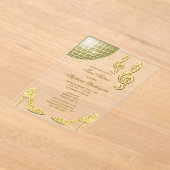 スパークルヒールと金ゴールドディスコボールスウィート16 アクリル招待状 (レイダウン)