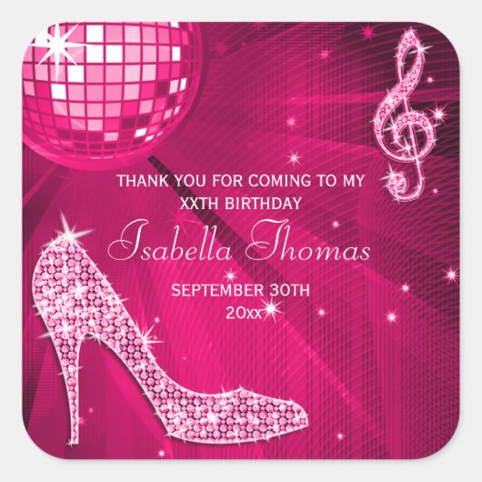 スパークルヒールズピンクディスコボール誕生日ありがとう スクエアシール (正面)