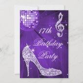 スパークルヒール紫ディスコボール17誕生日 招待状 (正面)