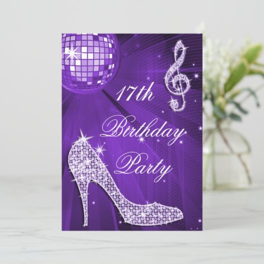 スパークルヒール紫ディスコボール17誕生日 招待状 (スタンド正面)