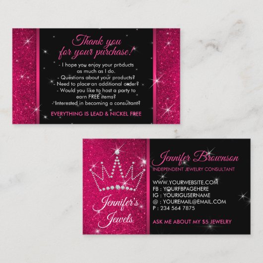 スパークルピンククラウンジュエリーアクセサリー 名刺 (正面/裏面)