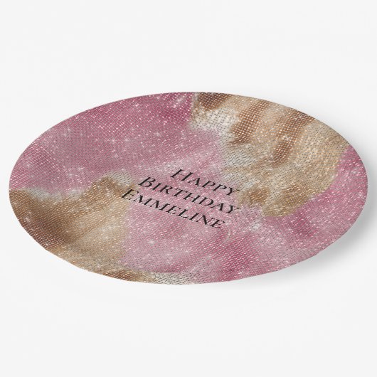 スパークルピンククリーム金ゴールド女性のカーボーイ牛革誕生日 ペーパープレート (アングル)