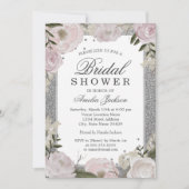 スパークルピンクシルバーフローラブライダルシャワー 招待状 (正面)