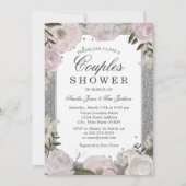 スパークルピンクシルバーフローラル カップルシャワー 招待状 (正面)