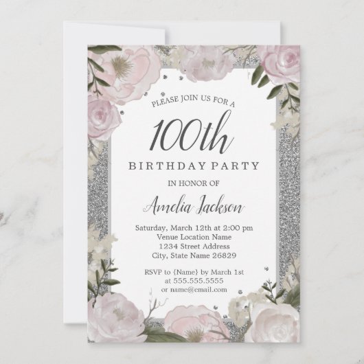 スパークルピンクシルバーフローラ100thバースデーパーティー 招待状 (正面)