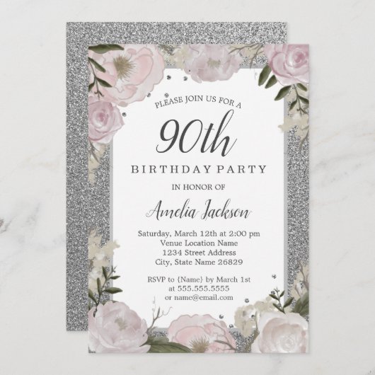 スパークルピンクシルバーフローラ90thバースデーパーティー 招待状 (正面/裏面)