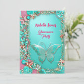 スパークルピンクターコイズ金ゴールドジュエリー蝶 招待状 (スタンド正面)
