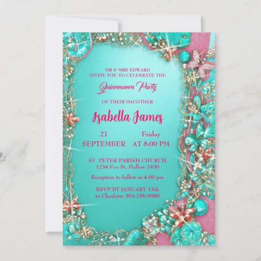 スパークルピンクターコイズ金ゴールドジュエリー蝶 招待状 (裏面)