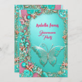 スパークルピンクターコイズ金ゴールドジュエリー蝶 招待状 (正面/裏面)