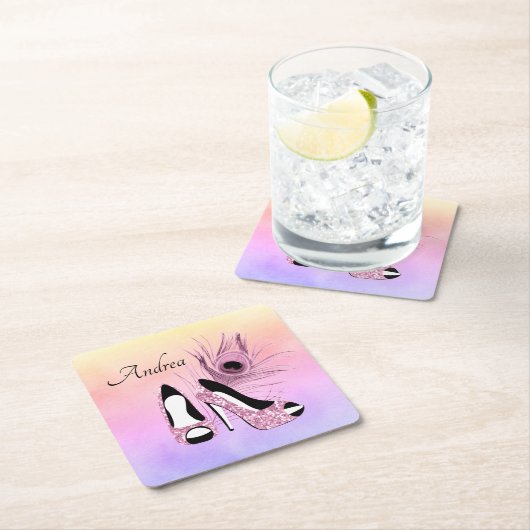 スパークルピンクパンプファンシーパーソナライズされたス スクエアペーパーコースター (インサイチュ)