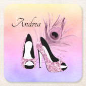 スパークルピンクパンプファンシーパーソナライズされたス スクエアペーパーコースター (正面)