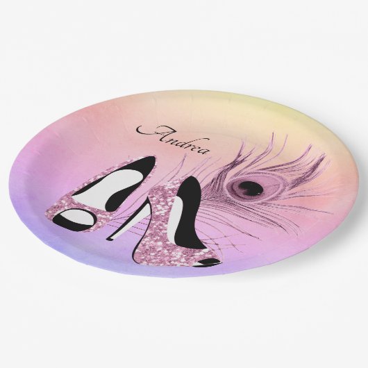 スパークルピンクパンプファンシーパーソナライズされたス ペーパープレート (アングル)