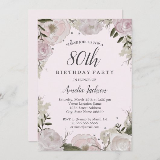 スパークルピンクフローラ80th誕生日パーティー 招待状 (正面/裏面)