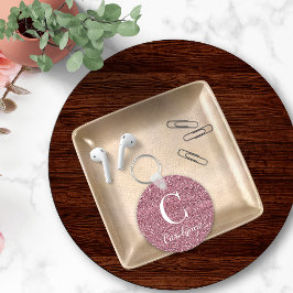 スパークルピンクローズ金ゴールドフェイクグリッターモノグラム キーホルダー