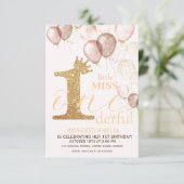 スパークルピンク金ゴールドクラウンプリンセスファースト誕生日 招待状 (スタンド正面)