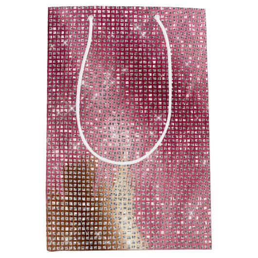 スパークルピンク金ゴールド南西フェイク牛革誕生日 ミディアムペーパーバッグ (正面)