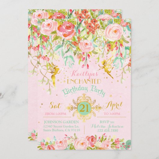 スパークルフェアリーエンチャントガーデン誕生日 招待状 (正面/裏面)